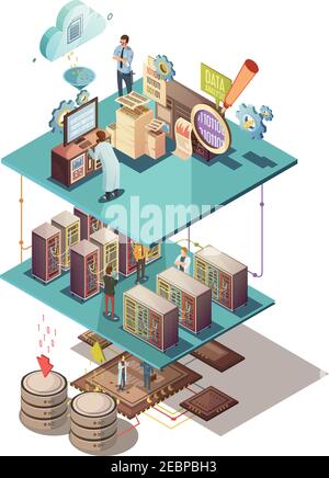 Datenanalyse isometrisches Konzept mit elektronischem Equipment Information Exchange Server Darstellung von Infrastruktur-Cloud-Services und Mitarbeitervektoren Stock Vektor