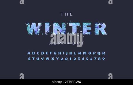 Vektor-Alphabet mit bunten Farbflecken auf einem dunklen navy Hintergrund. Winter Saison Frost Satz von Buchstaben und Zahlen. Design für Banner, Flyer, Tag, Dekoration, Poster oder Einladung. Stock Vektor