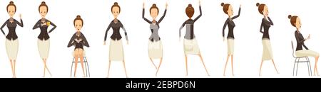 Set von verschiedenen Posen der Geschäftsfrau mit Emotionen auf Gesicht Cartoon Stil isoliert Vektor Illustration Stock Vektor