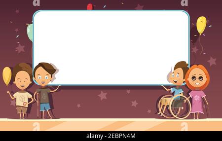 Behinderte Kinder mit weißen leeren Banner auf dunklem Hintergrund mit Dekoration Cartoon und Retro-Design Vektor Illustration Stock Vektor