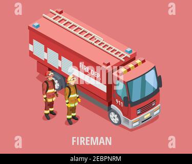 Beruf Feuerwehrmann isometrische Vorlage mit Feuerwehrleuten in Uniform in der Nähe stehen Fahrzeug isoliert Vektor-Abbildung Stock Vektor