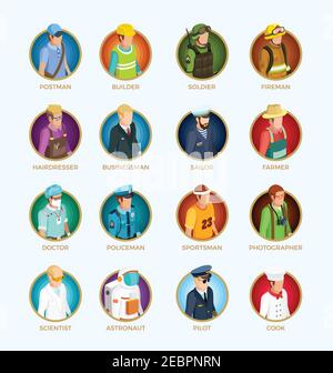 Menschen Avatar isometrische Reihe von verschiedenen Berufen Berufe und Arbeitsplätze Isolierte Vektordarstellung Stock Vektor