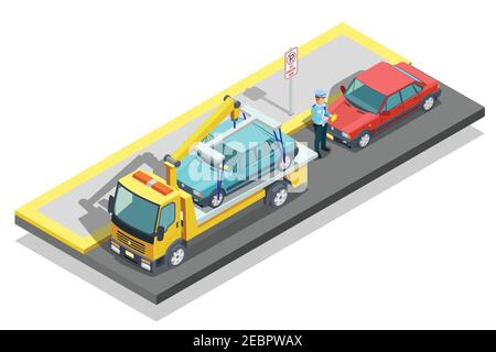 Farbige isometrische Parkplatz Zusammensetzung Abschleppwagen arbeiten am Straßenrand Und evakuieren ein geparktes Auto Vektor-Illustration Stock Vektor