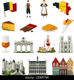 Set von flachen Stil Symbole mit Symbolen von belgien einschließlich Essen Architektur nationale Kostüme isoliert Vektor Illustration Stock Vektor
