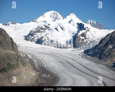 Aletschgletscher, Jungfraujoch, Moench und Trugberg, Schweiz, großer Aletschgletscher, Westalpen, größter Gletscher, Länge 14 mi (23 km) Stockfoto