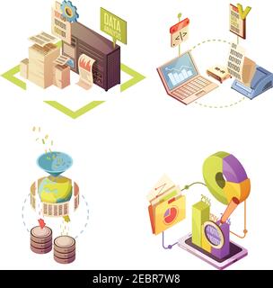 Datenanalyse isometrische Zusammensetzungen mit Informationsbeschaffung Verarbeitung und Prüfung Diagramme und Statistiken isolierte Vektordarstellung Stock Vektor