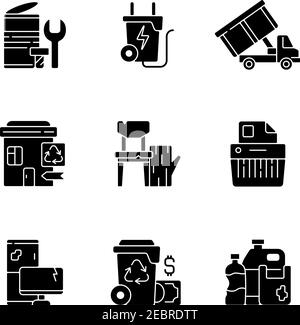 Garbage Collection schwarze Glyphen Symbole auf weißen Raum gesetzt Stock Vektor