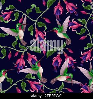 Nahtloses Muster mit Kolibris und tropischen Blumen. Trendiger Vektordruck. Stock Vektor