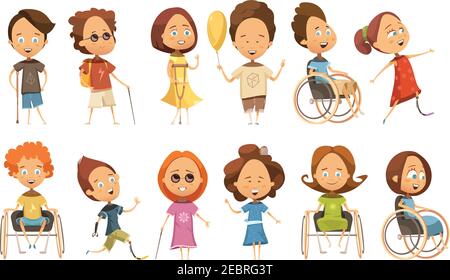 Set von behinderten Kindern im Rollstuhl mit Krücke und Prothese Gliedmaßen blinde Personen isoliert Vektor-Illustration Stock Vektor