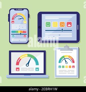 Bündel von Symbolen für die Kundenzufriedenheit in Checkliste und Elektronik Geräte Stock Vektor