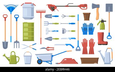 Gartengeräte. Gartengeräte, Schaufel, Rechen, Schubkarre, Handschuhe und Gartenschere. Landwirtschaft Gartenarbeit Werkzeuge Vektor Illustration Set Stock Vektor