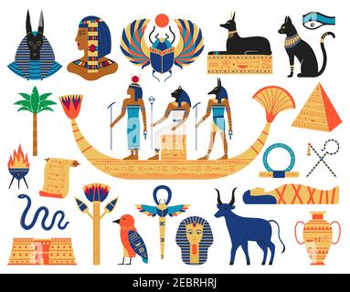 Ägyptische Elemente. Alte Götter, Pyramiden und heilige Tiere. Ägypten Mythologie Symbole Vektor Illustration Set Stock Vektor