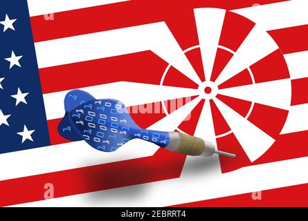 Ein mit digitalen Zahlen dekorierter Pfeil steckt in einer Dartscheibe, die Teil einer USA-Flagge ist. Dies ist eine 3-D-Illustration über Cyber-Angriffe auf das Gerät Stockfoto