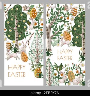 Osterkarte mit rustikalen Bäumen, Kaninchen, Eier und andere. Vektorgrafik. Stock Vektor