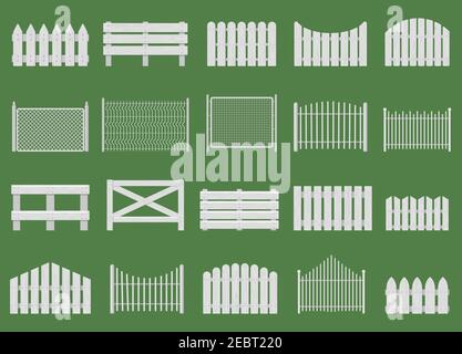 Weiße Zäune. Holzzäune, Garten oder Haus Holzzäune. Ländliche weiße Zaun isoliert Vektor-Illustration gesetzt Stock Vektor