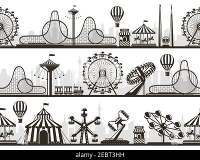 Blick auf den Vergnügungspark. Sehenswürdigkeiten Park Landschaft Silhouetten mit Riesenrad und Achterbahn. Unterhaltungspark Silhouette Vektor Illustration Stock Vektor