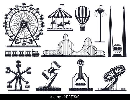 Vergnügungspark Silhouette. Sehenswürdigkeiten festliche Park Karussell und Riesenrad. Karneval Park Attraktionen Silhouetten Vektor Illustration Set Stock Vektor