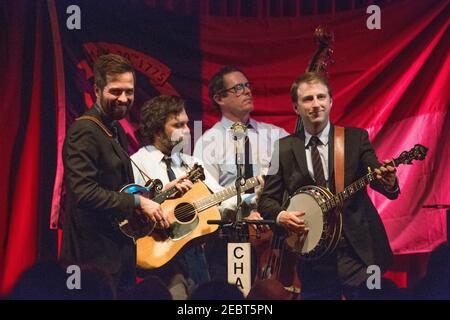 Bluegrass Band Chatham County Line live auf der Bühne in der Bush Hall in London (l-r: John Teer, Dave Wilson, Greg Readling, Chandler holt) Stockfoto