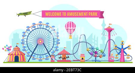 Vergnügungspark Landschaft. Attraktionen Park Riesenrad, Achterbahn und Karneval Karussell Blick. Festliche Park Eingang Vektor-Illustration Stock Vektor