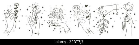 Magische Hände halten Blumen. Minimalistische Hände und Blumen, abstrakte handgezeichnete florale Symbole. Moderne magische Tattoo Elemente Vektor Illustration Stock Vektor