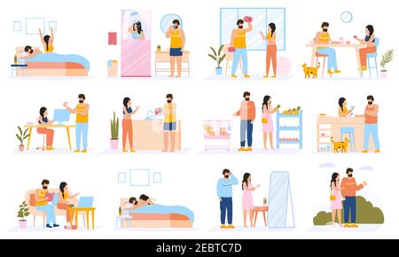 Verbinden Sie den Alltag. Tägliche Freizeit-und Arbeitsaktivitäten des jungen Paares, glücklicher Familienleben. Everyday paar Leben Szenen Vektor Illustration Stock Vektor