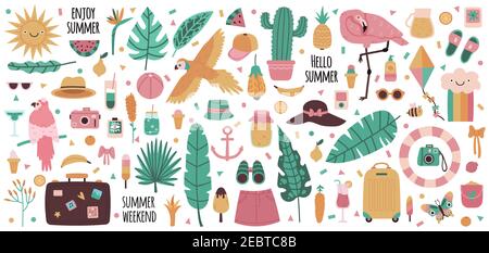 Sommer-Elemente. Urlaub Sommer Getränke, Früchte, Palmblätter, Flamingo, Papagei und Dschungel Blumen. Cute Sommer Symbole Vektor Illustration Set Stock Vektor