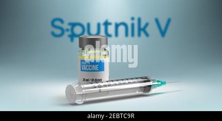Covid-19-Impfstoff und Geschäftskonzept: 3D gerenderte Coronavirus-Impfstoffflasche und -Spritze vor dem de-FOCUS SPUTNIK V Pharma-Firmenlogo. Stockfoto
