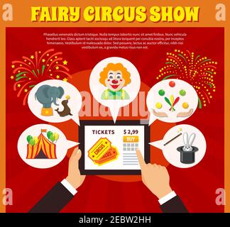 Circus Website Konzept mit Tablet und Entertainment-Symbole flache Vektor Abbildung Stock Vektor