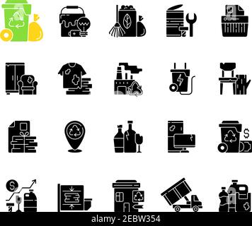 Abfallentsorgung schwarze Glyphen-Symbole auf weißem Raum gesetzt Stock Vektor