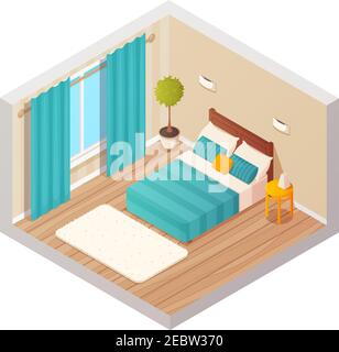 Isometrische inländischen Schlafzimmer Innenarchitektur Komposition mit Cartoon-Stil bunt Dekorationen für Haus und Hotel Umwelt Vektor Illustration Stock Vektor