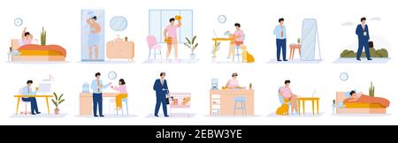 Tägliche Routine für den Mann. Junge Kerl Alltag Freizeit und Arbeit Aktivitäten, Essen, Arbeiten, Schlafen. Vektorgrafik Stock Vektor