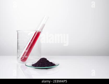 Kaliumpermanganat Flüssigkeit im Reagenzglas neben KMnO4 auf chemisches Uhrglas legen. Kosmetische Chemikalien Inhaltsstoff auf weißem Labortisch. Stockfoto