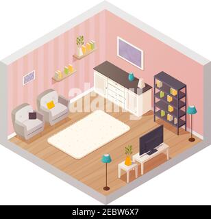 Isometrische Wohnzimmer Innenarchitektur Komposition mit Cartoon-Ikonen Möbel Artikel Regale und Pflanzen Materialien Vektor Illustration Stock Vektor