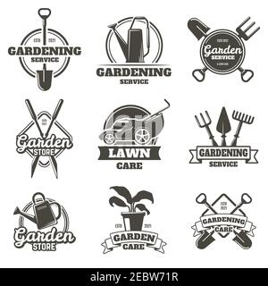 Gartenembleme. Vintage Gartenarbeit, Rasenpflege, Grundarbeiten und Landschaftsbau Abzeichen. Garten Arbeit Etiketten isoliert Vektor Illustration Set Stock Vektor