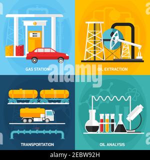 Vier Gas-Öl-Industrie quadratische Kompositionen mit dekorativen Ikonen gesetzt Darstellung der Analyse der Benzinextraktion und der Vektorgrafik für den Transport Stock Vektor