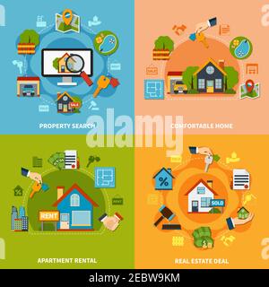 Immobilien 2x2 Design-Konzept mit Immobilien-Suche und Wohnung Vermietung Symbole auf bunten Hintergründen flach isoliert Vektor-Illustration Stock Vektor