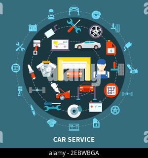 Auto-Service-Design-Konzept mit Ersatzteilen und mechanische Werkzeuge für Diagnose und Wartung dekorative Symbole Set flache Vektor-Illustration Stock Vektor