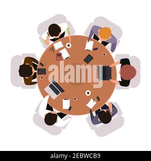 Business Meeting, Draufsicht. Büromitarbeiter Brainstorming oder Meeting am runden Tisch isolierte Vektor-Illustration. Teamwork Konzept Blick von oben Stock Vektor