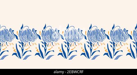 Elegante Royal Blue Lily Bordüre. Nahtlose Vektor Blumenhintergrund. Klassisches Vintage Handgezeichnetes Blumenmuster. Vintage Küche, Schreibwaren, Wohnkultur, Stoff, Drucken. Vektor EPS 10 Kachel. Stock Vektor