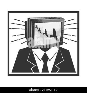 Mann mit TV-Kopf in tv-sucht-Konzept auf der schwarz-weiß-Stil. Vektorgrafik EPS,8 EPS,10 Stock Vektor