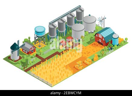 Bauernhof ländliche Gebäude isometrische Zusammensetzung mit Häusern Stauseen Mühle und Plantage Feld von Weizen Vektor-Illustration Stock Vektor