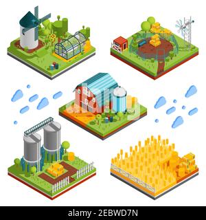 Bauernhof ländliche Gebäude isometrische Kompositionen mit quadratischen Segmenten gesetzt ranch Reservation mit Plantagen Mühlen Reservoirs Vektor-Illustration Stock Vektor