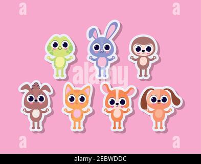 Bündel von niedlichen Haustier Aufkleber auf einem rosa Hintergrund Stock Vektor