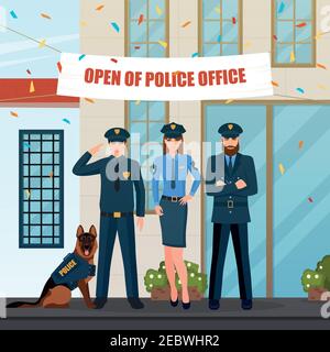 Flache Figuren von Polizisten mit Polizeihund vor Büro mit festlichen Dekorationen und Konfetti Vektor Illustration Stock Vektor