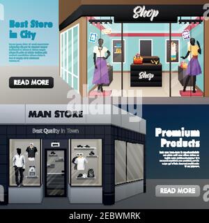 Set aus zwei horizontalen Beauty-Shop-Bannern mit Herrenbekleidung Damen Kleidung Mode-Shop mit Text-Vektor-Illustration Stock Vektor