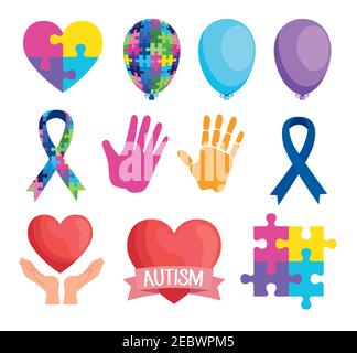 Bündel von elf Welt Autismus Tag-Satz-Ikonen Stock Vektor