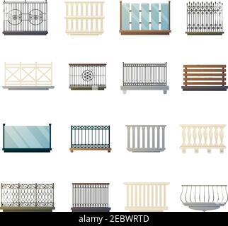 Stahl Eisen Glas und Holz Bacony Geländer Wohndekorationen Design Ideen flache Symbole Sammlung isolierte Vektor-Illustration Stock Vektor