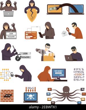 Internet-Sicherheit Hacker Tools Tricks und Schemata flache Symbole Sammlung Mit gebrochenem Vorhängeschloss Oktopus isolierte Vektor-Illustration Stock Vektor