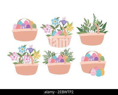 Körbe voll mit ostereiern, Blumen und grünen Pflanzen Stock Vektor