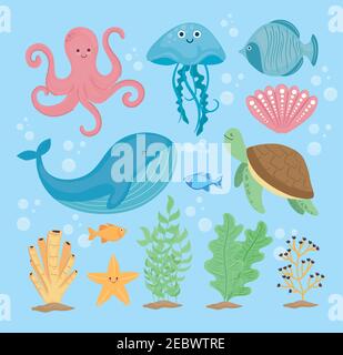 Bündel von dreizehn Unterwasser-Welt-Set-Symbole Stock Vektor